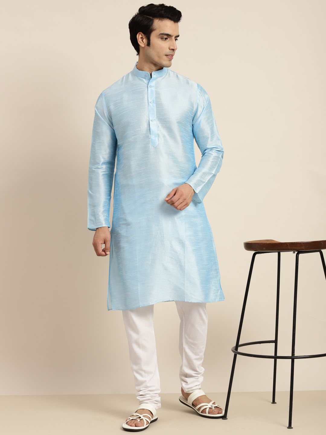Anug by SOJANYA Men Blue Band Collar Kurta