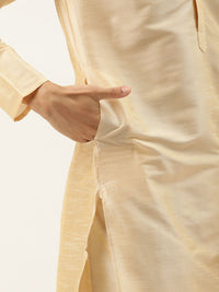 SOJANYA Men Golden Solid Kurta with Churidar & Nehru Jacket