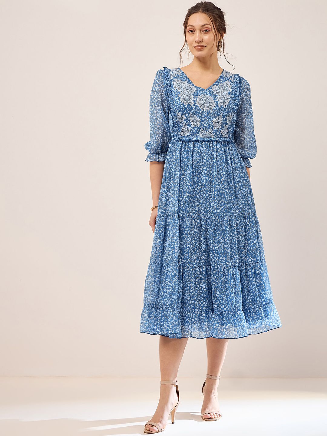 Antheaa Floral Printed Embroidered Puff Sleeve Chiffon Fit & Flare Tiered Midi Dress