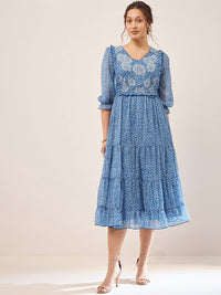 Antheaa Floral Printed Embroidered Puff Sleeve Chiffon Fit & Flare Tiered Midi Dress