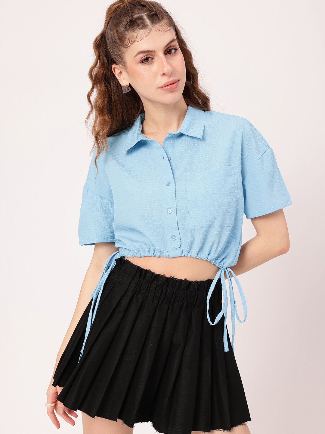 DressBerry Effortless Fun Seersucker Crop Shirt Style Top