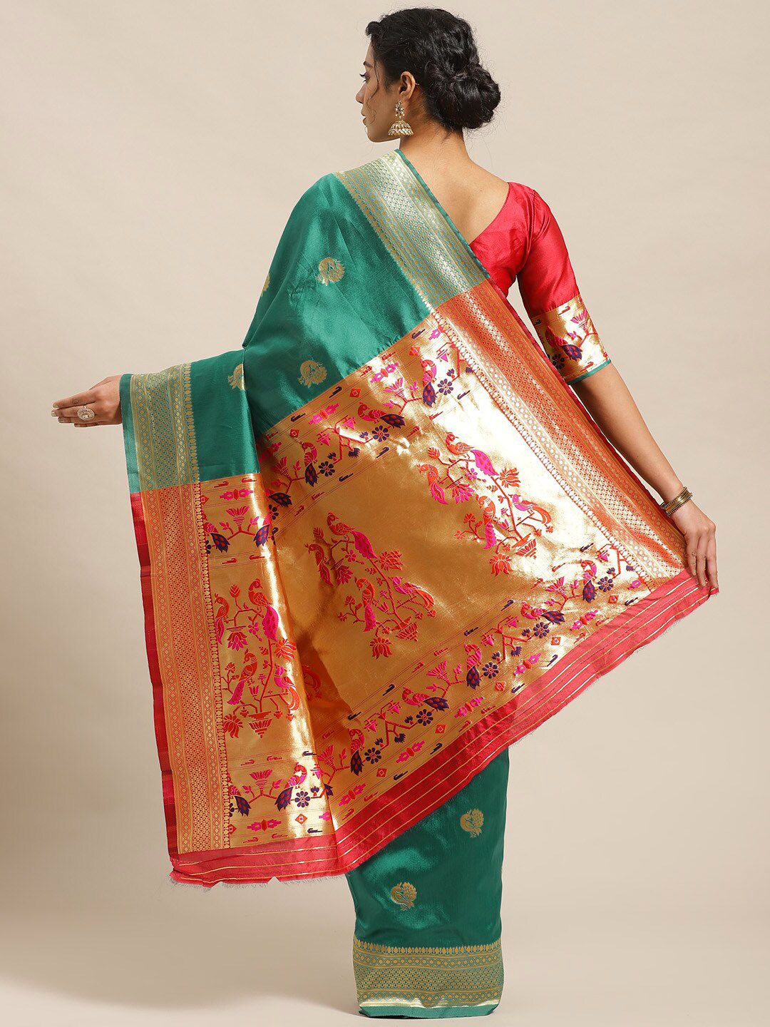 Saree mall Green & Pink Woven Design Banarasi Saree