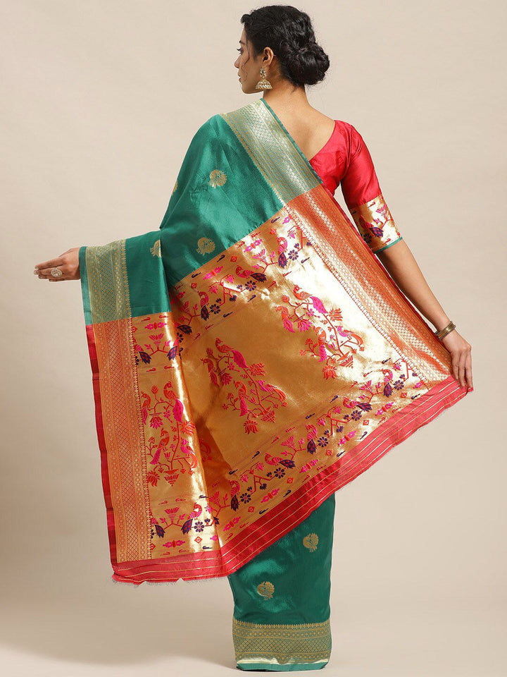 Saree mall Green & Pink Woven Design Banarasi Saree