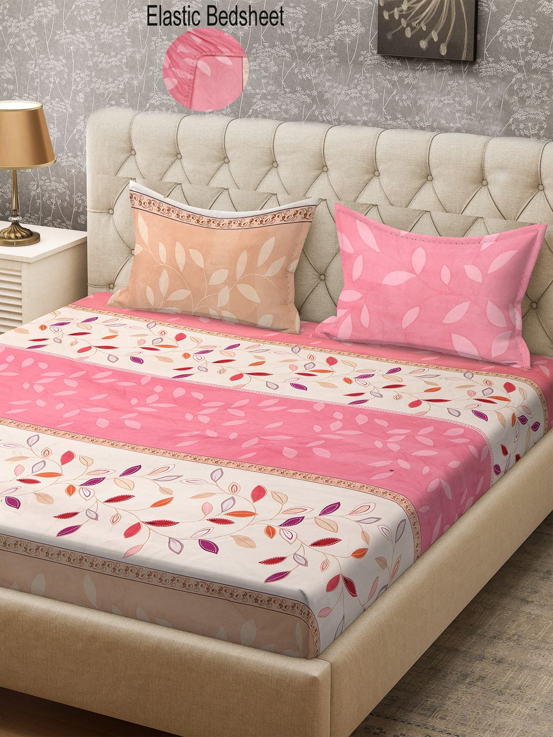 KLOTTHE Pink & Cream Floral 300 TC Fitted Super King Double Bedsheet with 2 Pillow Covers