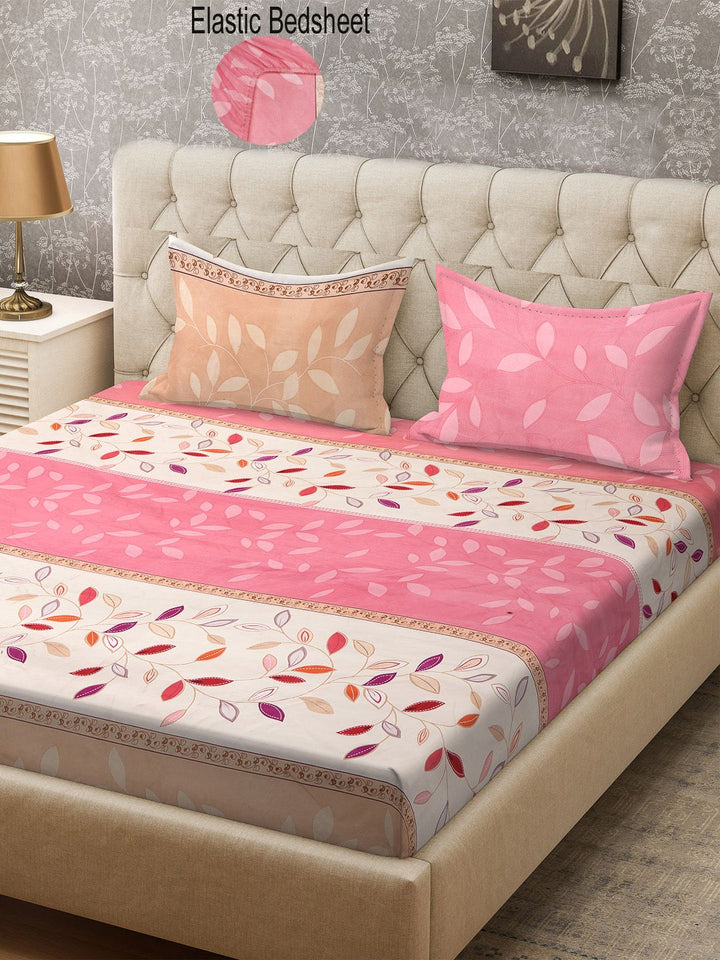 KLOTTHE Pink & Cream Floral 300 TC Fitted Super King Double Bedsheet with 2 Pillow Covers