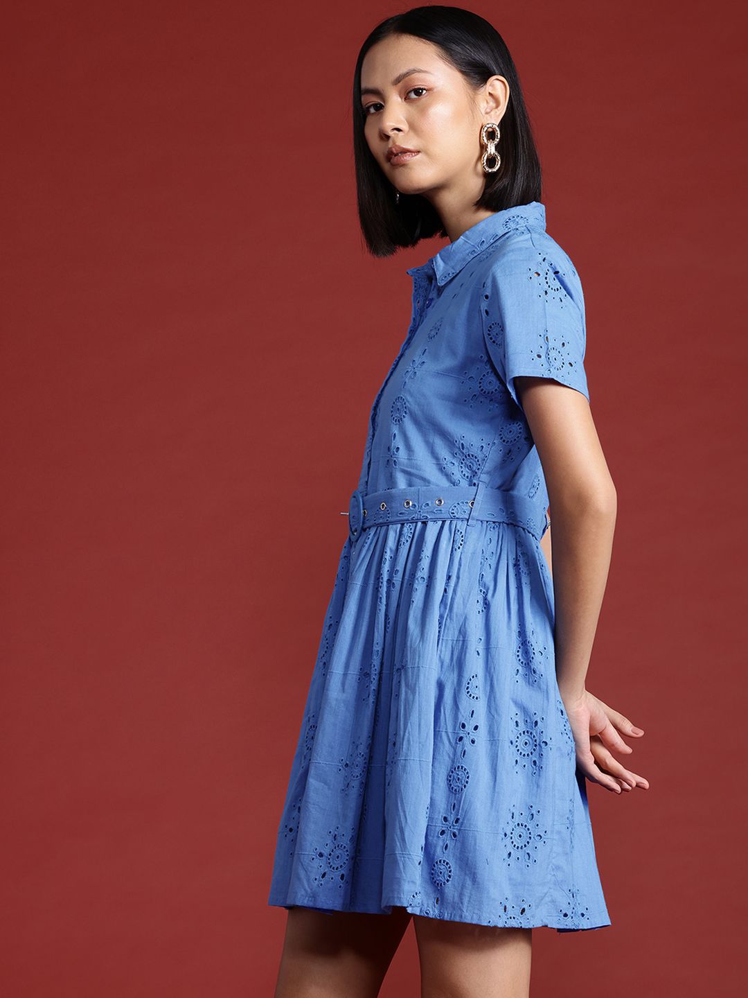 all about you Schiffli Pure Cotton A-Line Dress with Belt