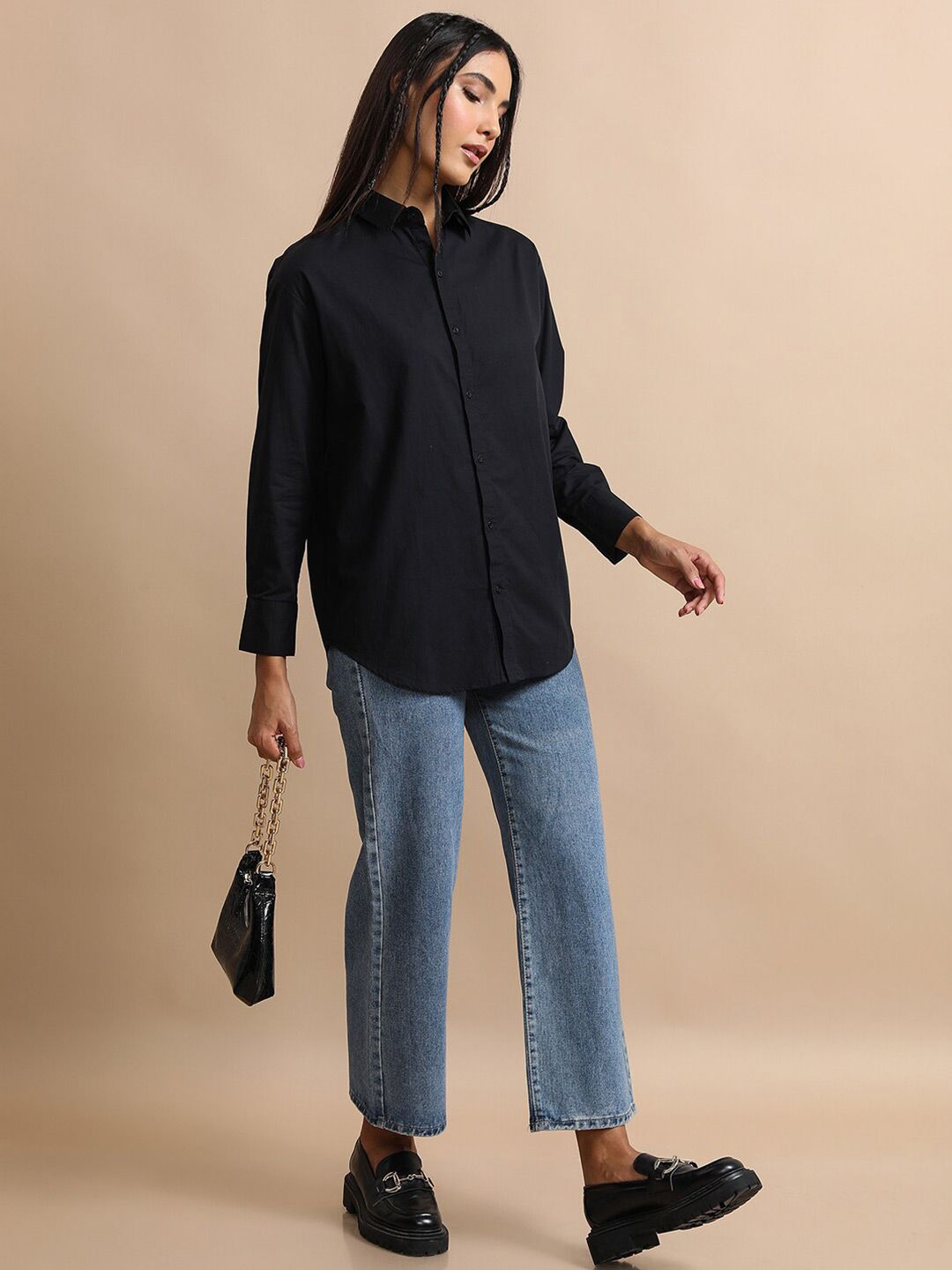 Tokyo Talkies Black Oversized Cotton Casual Shirt