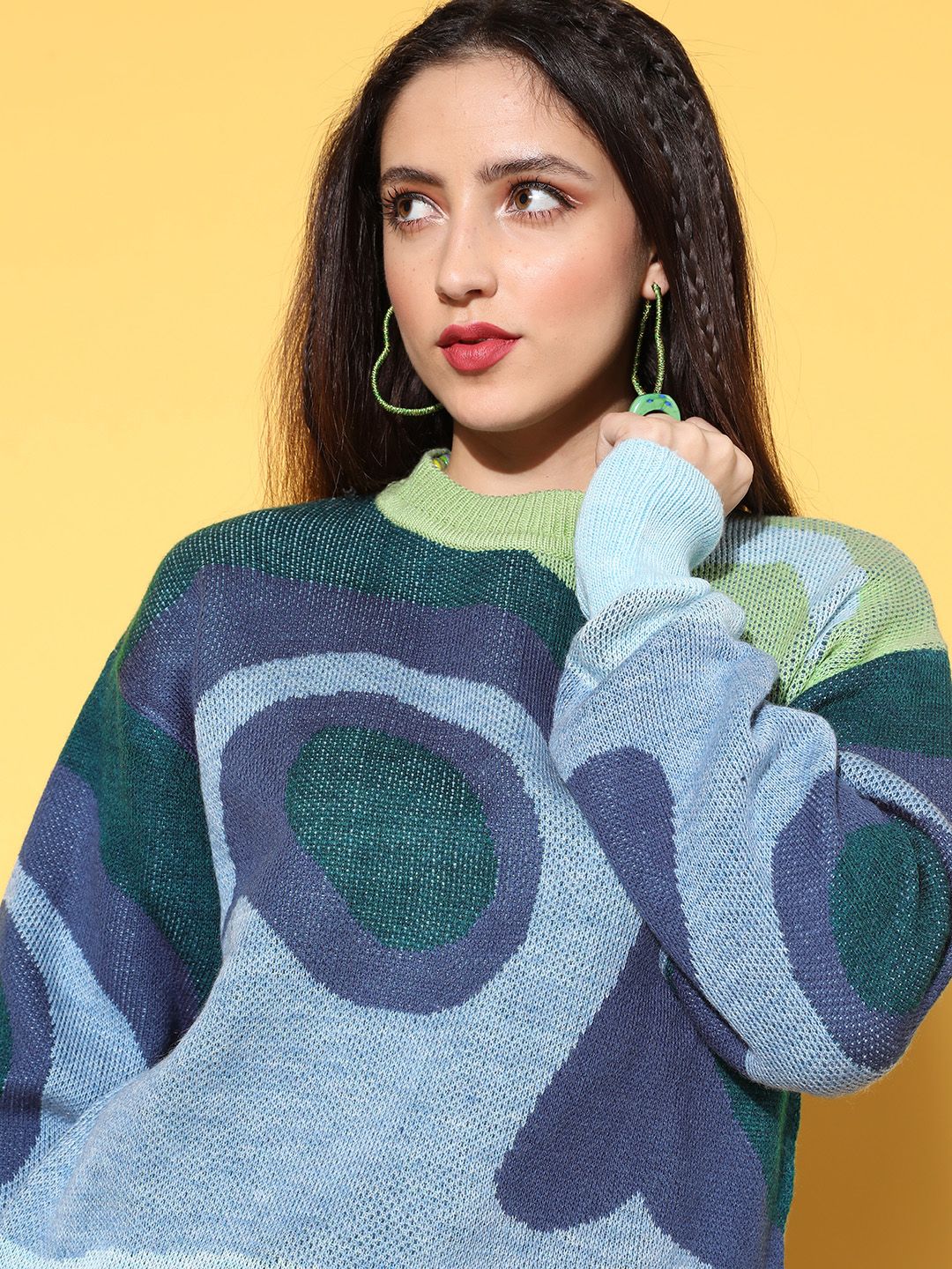 Berrylush Women Attractive Blue Abstract Knits Bits Sweater