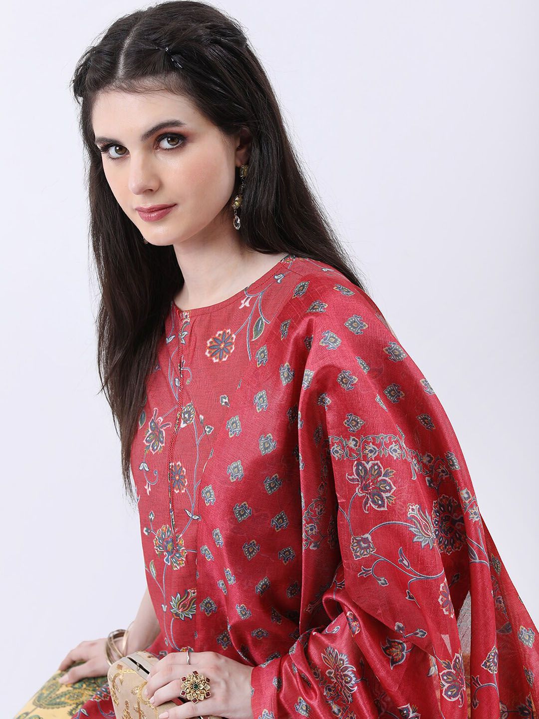 Vishudh Red & Green Floral Printed Kurta With Palazzos & Dupatta