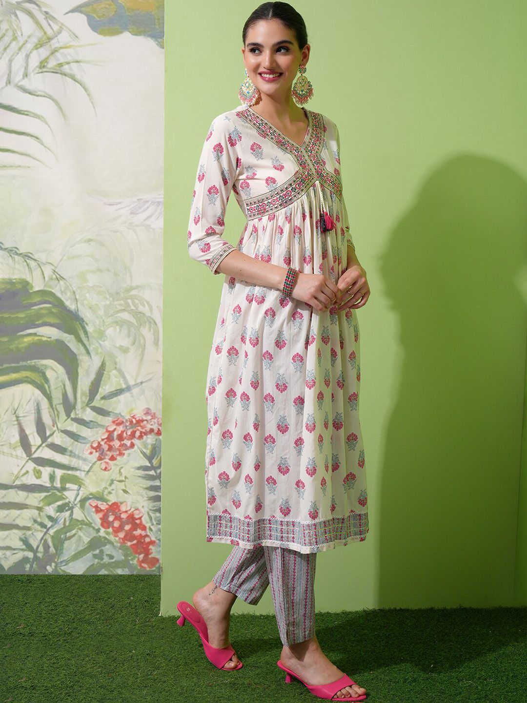 Vishudh White Printed Thread Work Pure Cotton A-Line Kurta with Trousers & With Dupatta