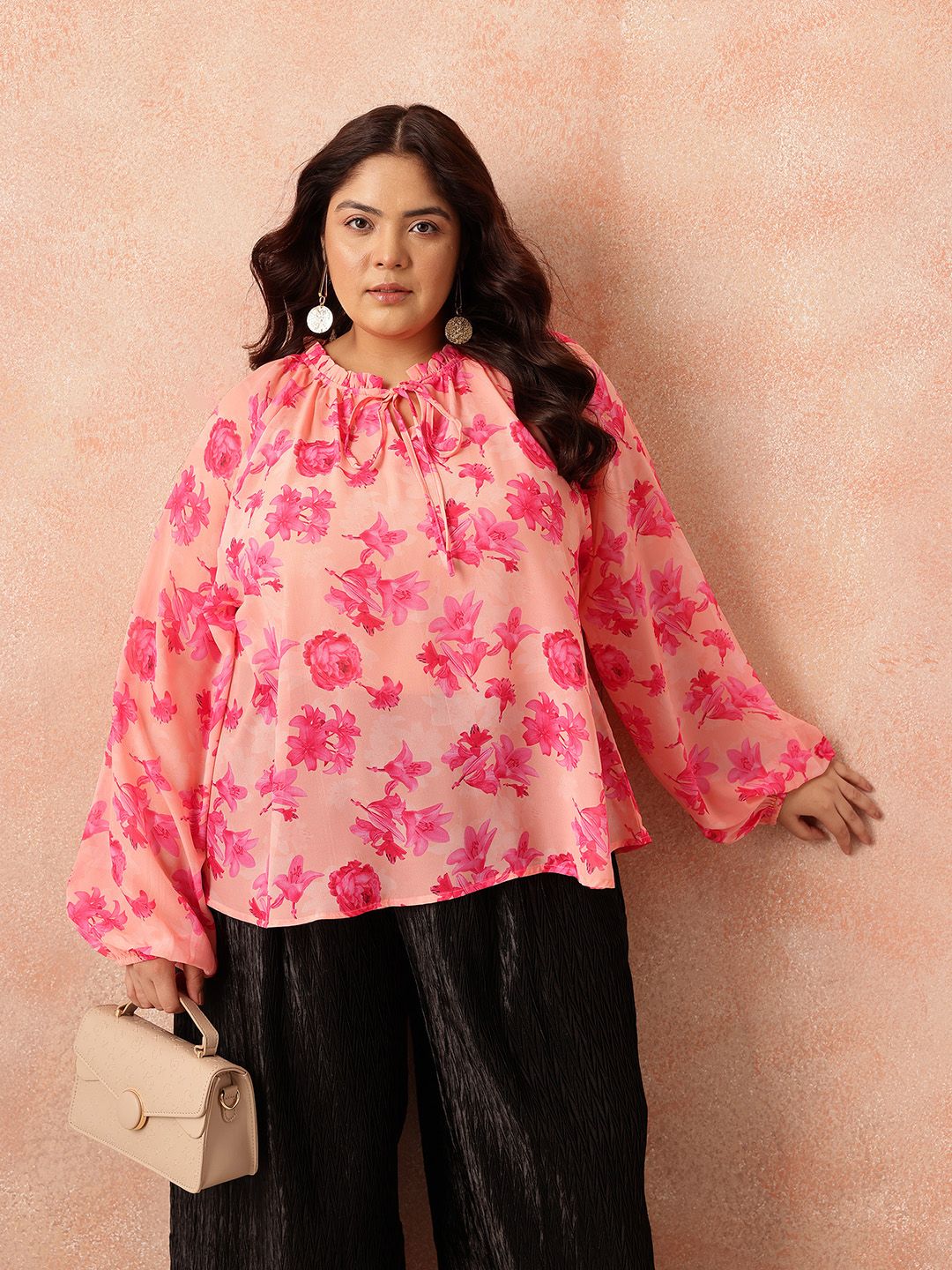 all about you Plus Size Floral Print Tie-Up Neck Puff Sleeves Semi-Sheer Georgette Top
