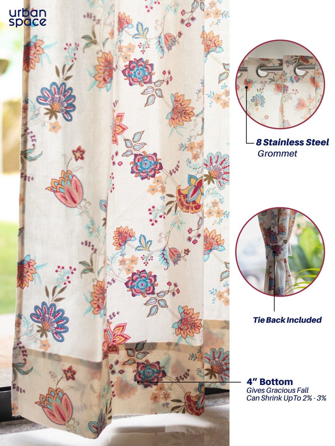 URBAN SPACE Cream-Coloured & Peach 2-Pieces Floral Cotton Door Curtains