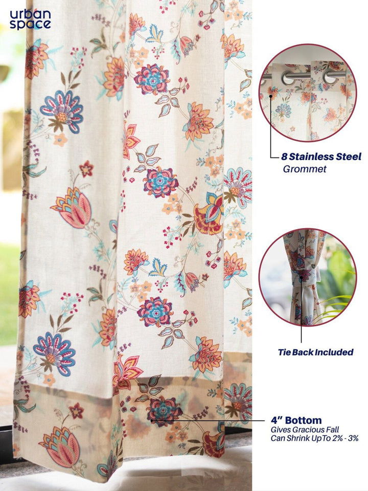 URBAN SPACE Cream-Coloured & Peach 2-Pieces Floral Cotton Door Curtains