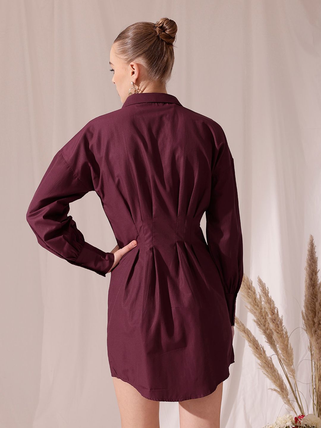 STREET 9 Spread Collar Pleated Pure Cotton Shirt Mini Dress