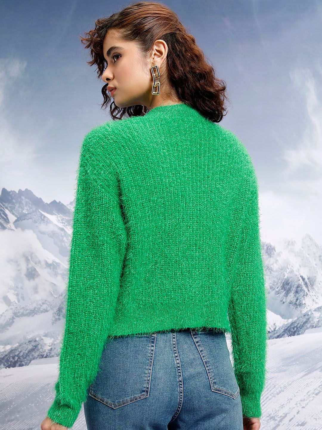 Tokyo Talkies Green Self Design Shoulder Straps Acrylic Crop Top With Cardigan