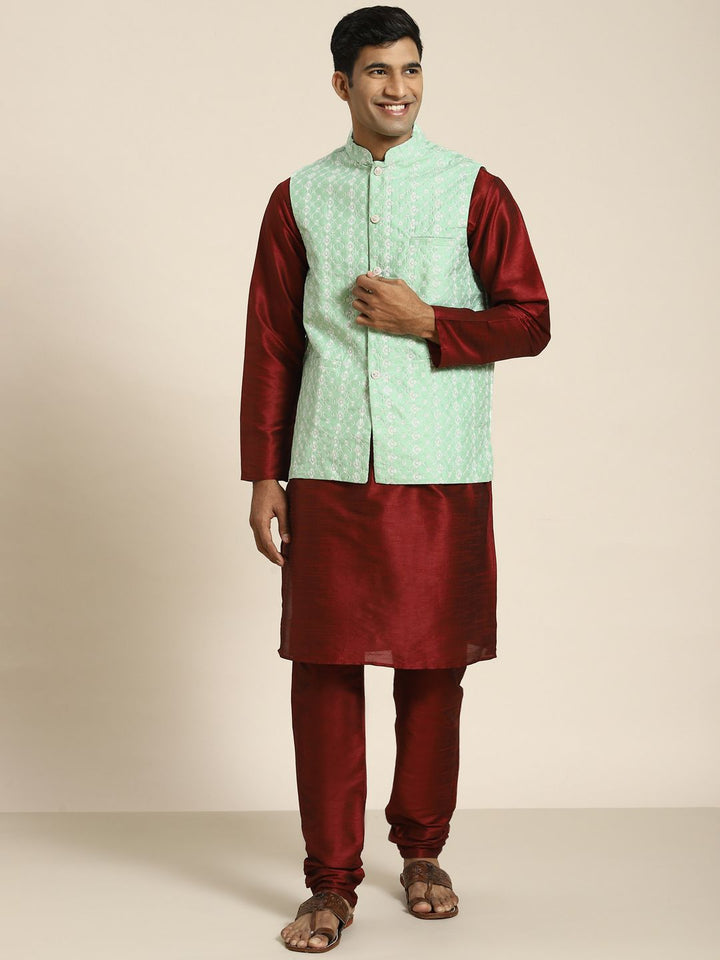 SOJANYA Kurta Rekaan Tenunan Lelaki dengan Churidar dengan Jaket Nehru