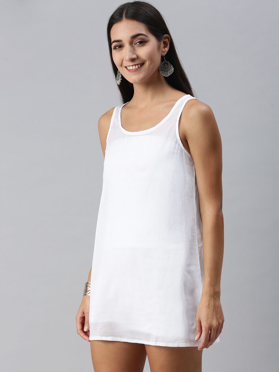 Global Desi Light Pink & White Striped Mandarin-Collar Tiered A-Line Dress