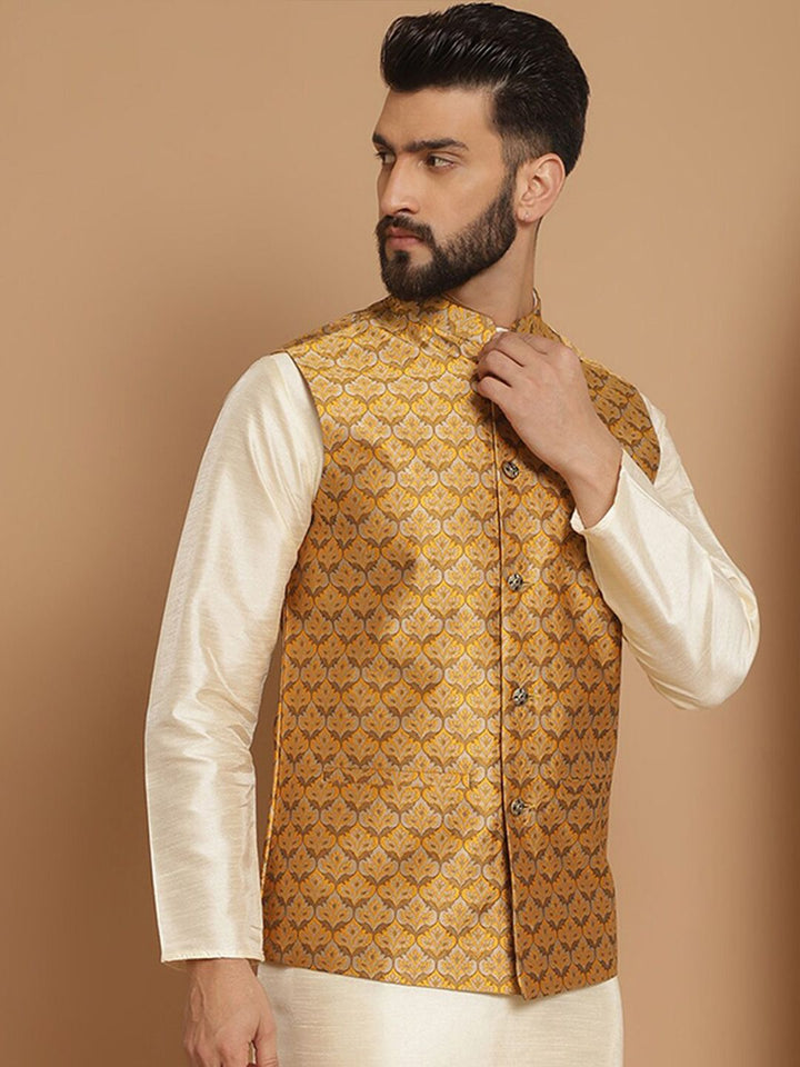 Jaket Nehru Kolar Mandarin Anouk Mustard Printed