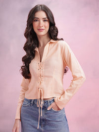 DressBerry Cotton Linen Tie-Up Back Shirt Style Top