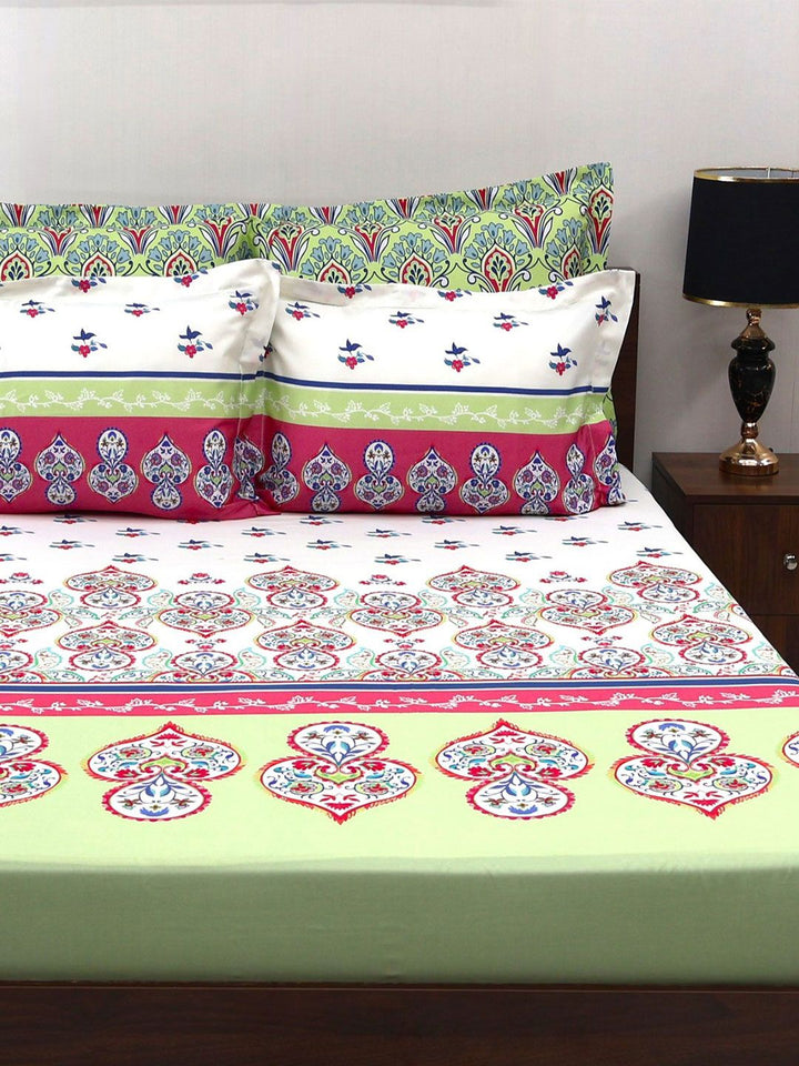 BOMBAY DYEING Pink & White Ethnic Motifs Cotton 300 TC King Bedsheet & 4 Pillow Cover