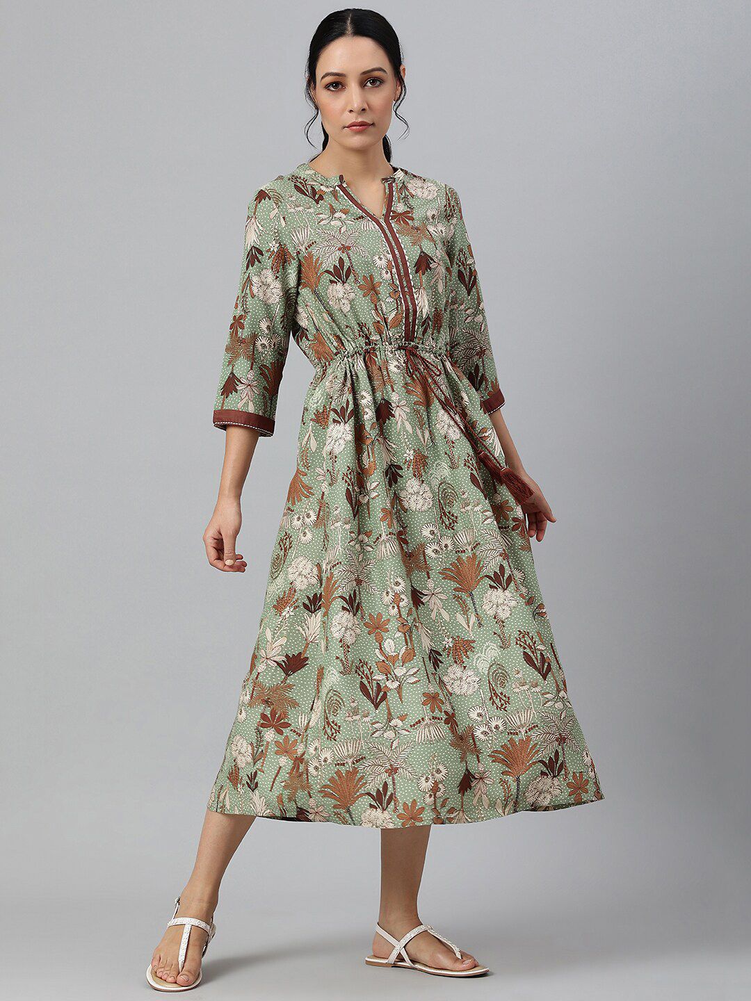 W Green Floral Chiffon A-Line Midi Dress