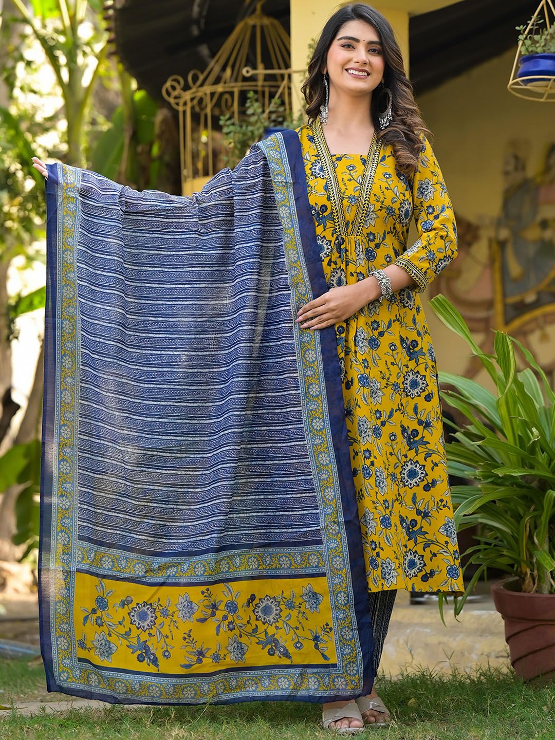 KALINI Women Floral Printed Regular Thread Work Kurta with Trousers & With Dupatta
