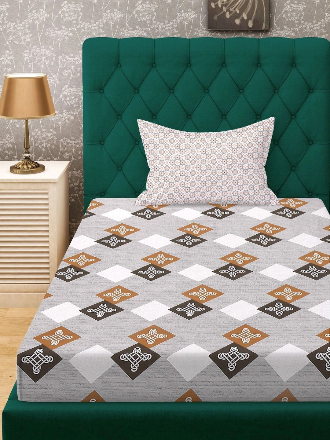 Moda Rapido X KLOTTHE Grey & Brown Geometric 400 TC Single Bedsheet with 1 Pillow Covers