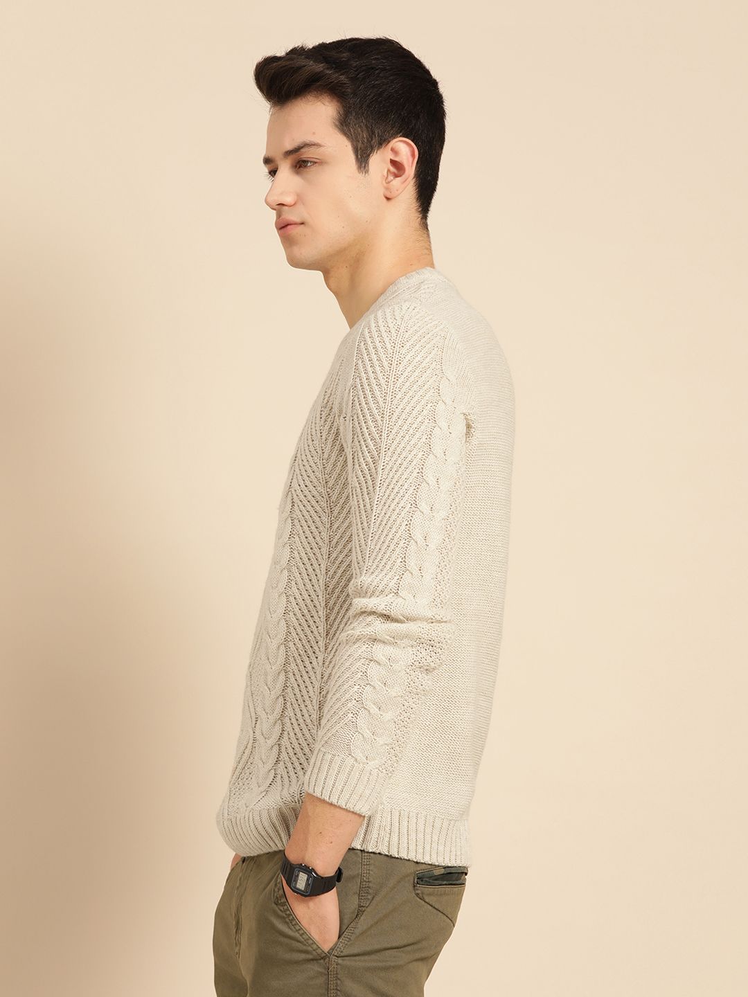 Mr Bowerbird Men Off-White Tailored Fit Cable Knit Pullover