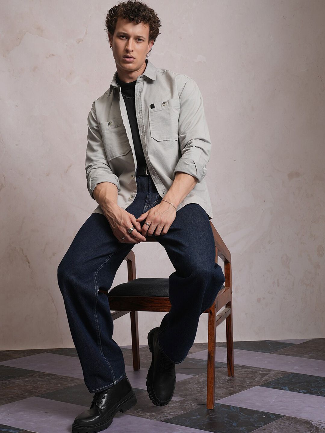 LOCOMOTIVE Premium Washed Dobby Textured Solid Utility Pocket Cotton Overshirt