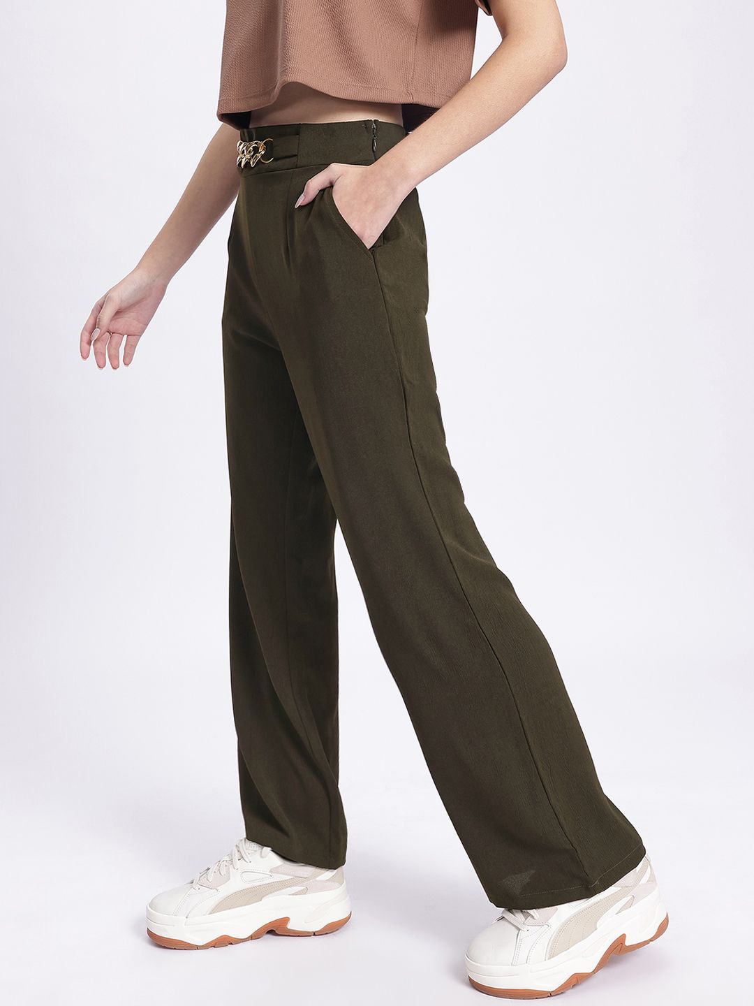 DressBerry Women Versatile Vibes Textured Buckled Trousers