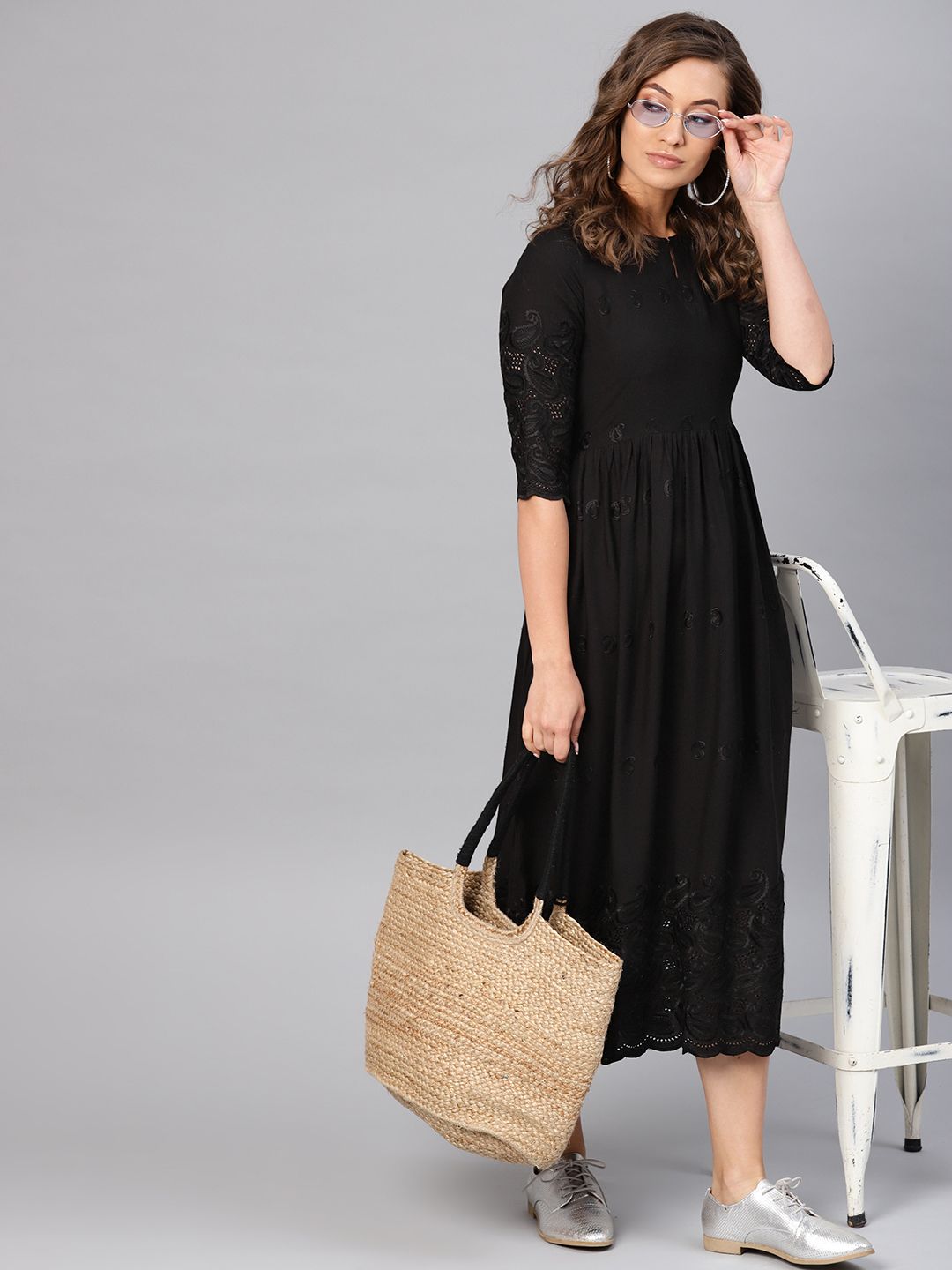 Libas Black Embroidered Ethnic Motifs A-Line Dress