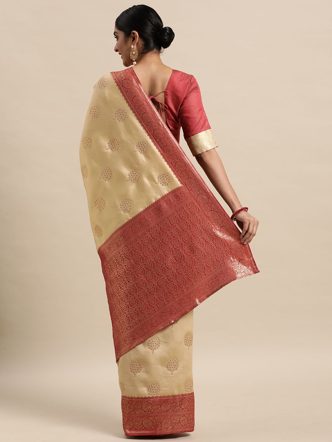 Saree mall Beige & Red Floral Silk Blend Banarasi Sarees