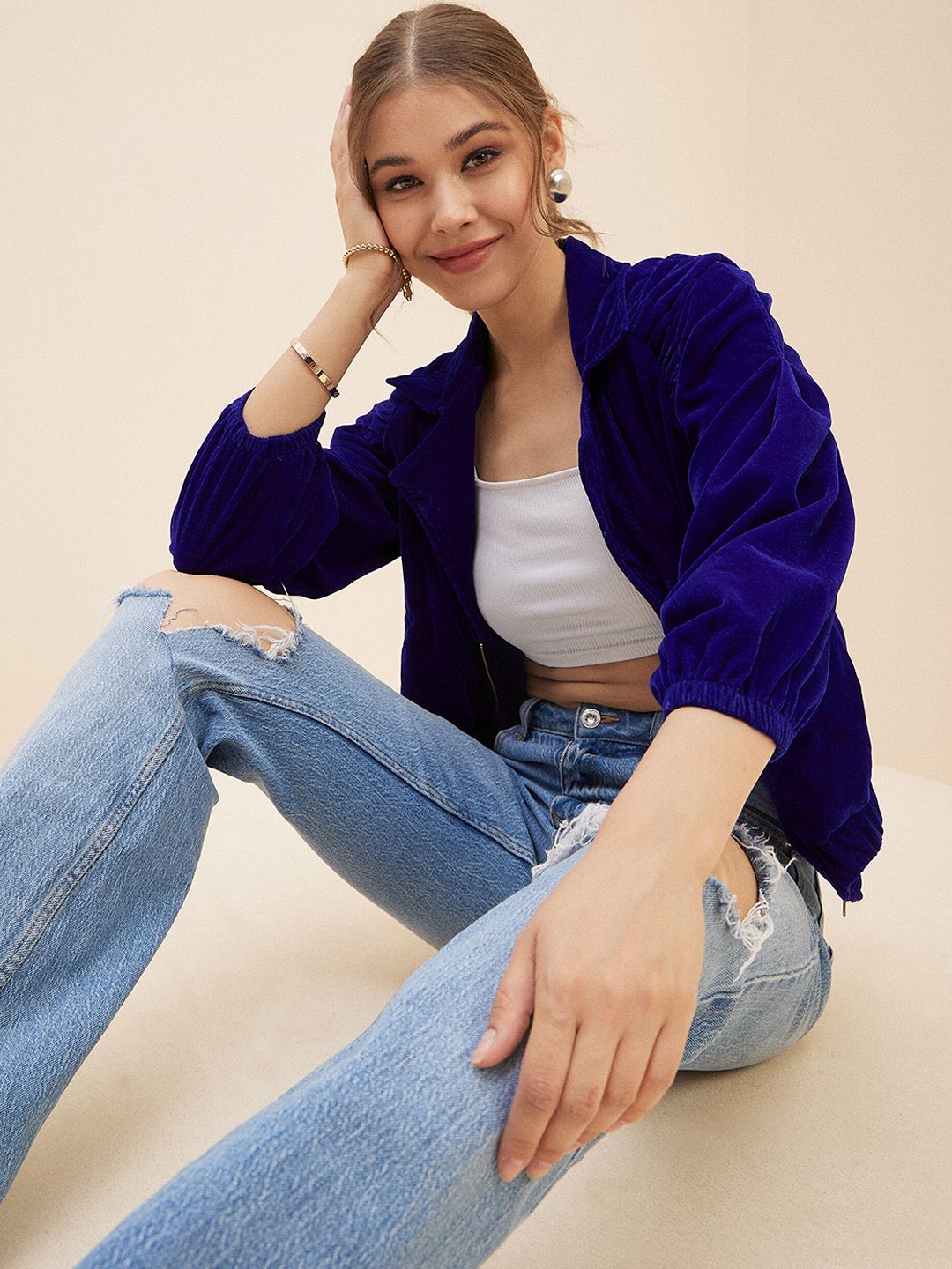 Antheaa Blue Lapel Collar Long Sleeves Velvet Bomber Jacket