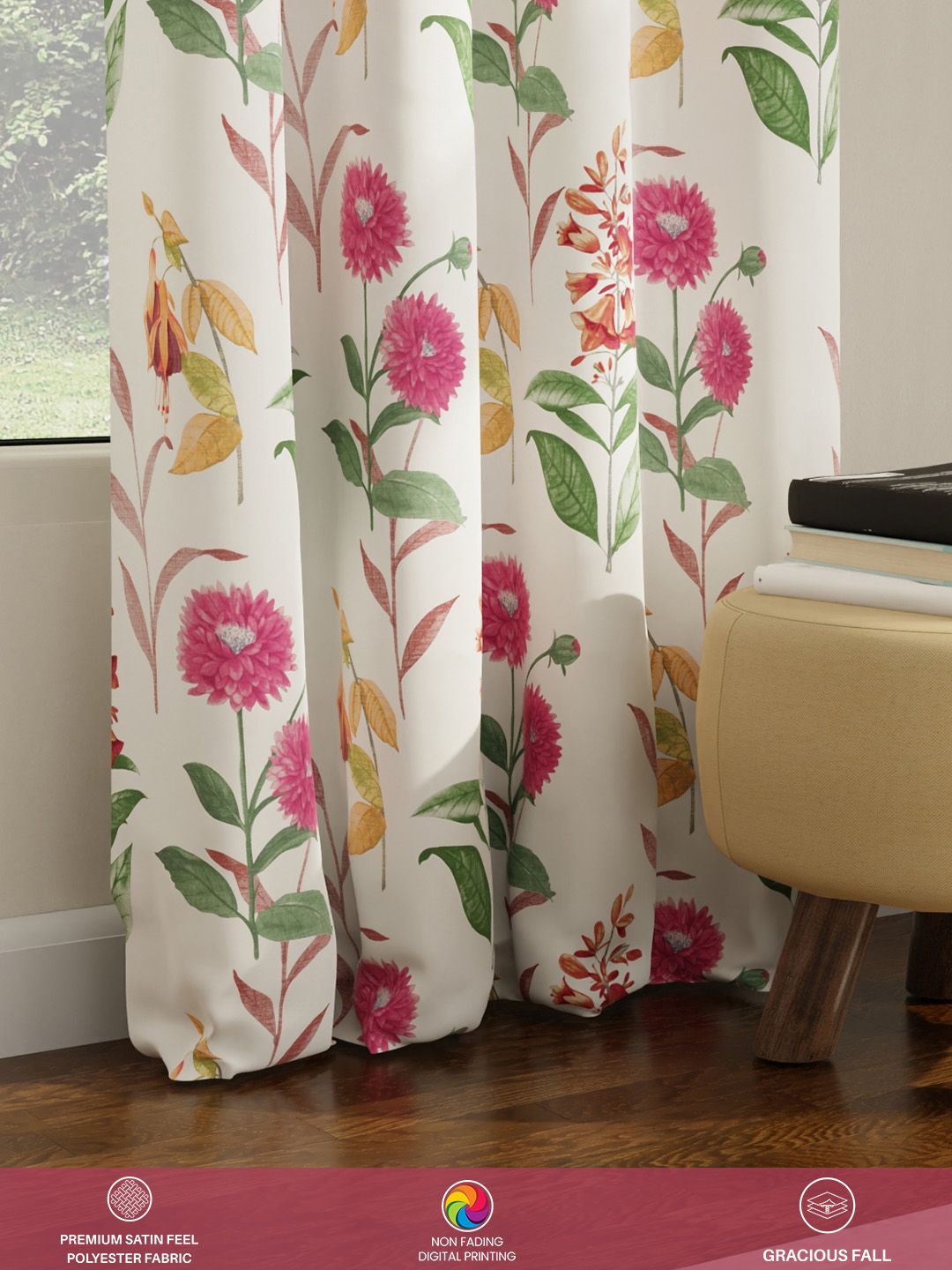 URBAN SPACE Pack of 2 White & Pink Floral Printed Room Darkening Door Curtain