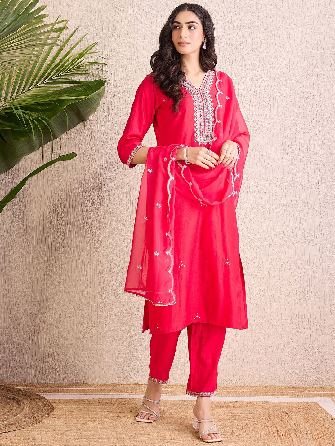 Indo Era Women Floral Yoke Design Regular Liva Kurta with Trousers & With Dupatta