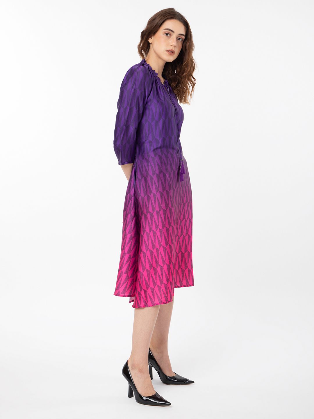 Rareism Abstract Printed Tie -Up Belted Neck A -Line Dress