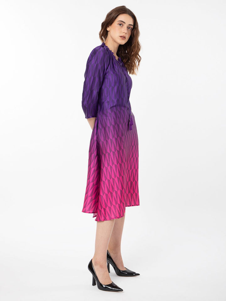 Rareism Abstract Printed Tie -Up Belted Neck A -Line Dress
