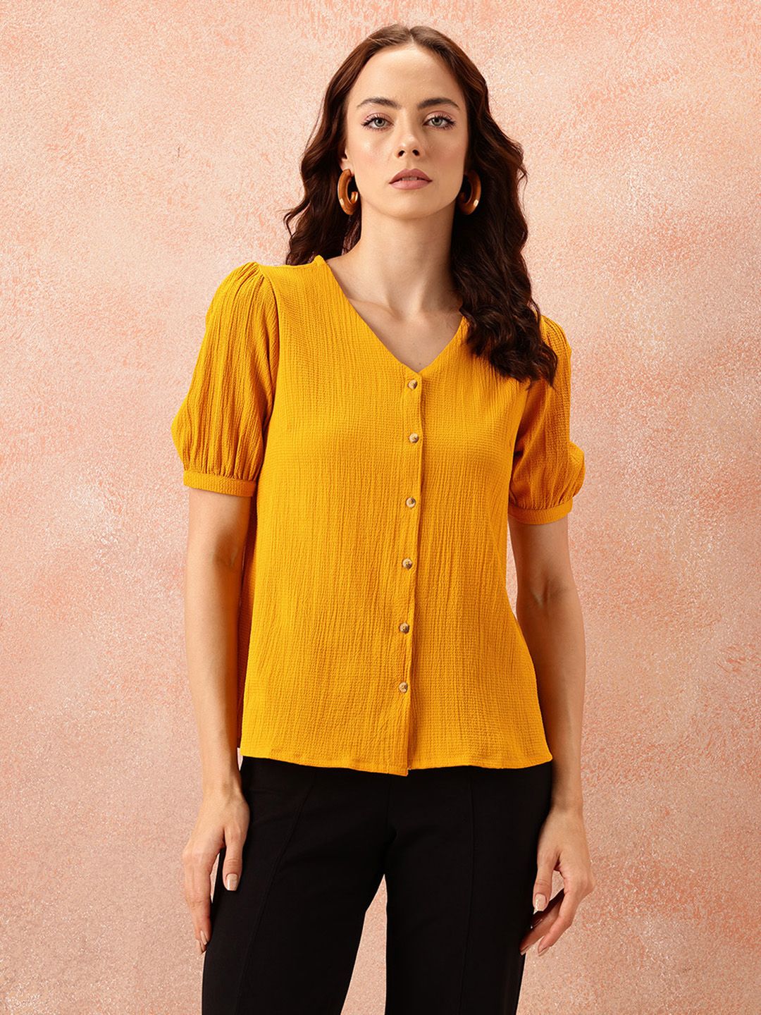 all about you Textured Puff Sleeves Top
