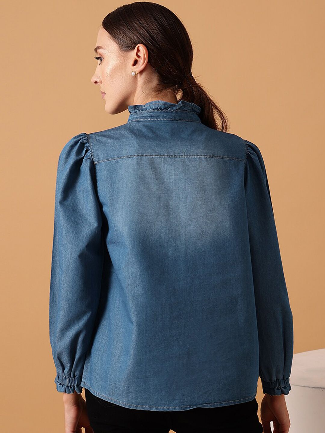 STREET 9 Comfort Mandarin Collar Puff Sleeves Pure Cotton Denim Casual Shirt
