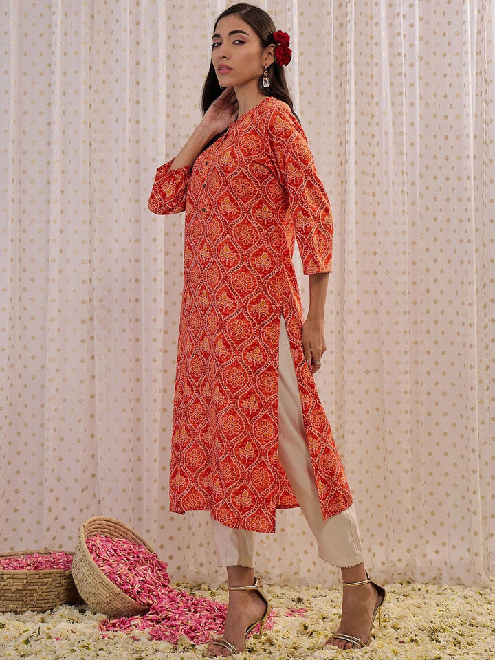 Indo Era Orange Ethnic Motifs Printed Round Neck Straight Kurta