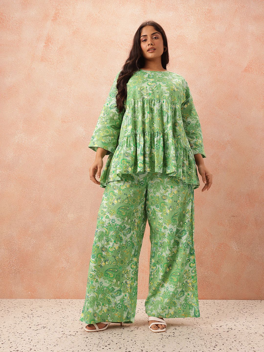 all about you Plus Size Paisley Printed Pure Cotton Tiered Empire Top with Palazzos