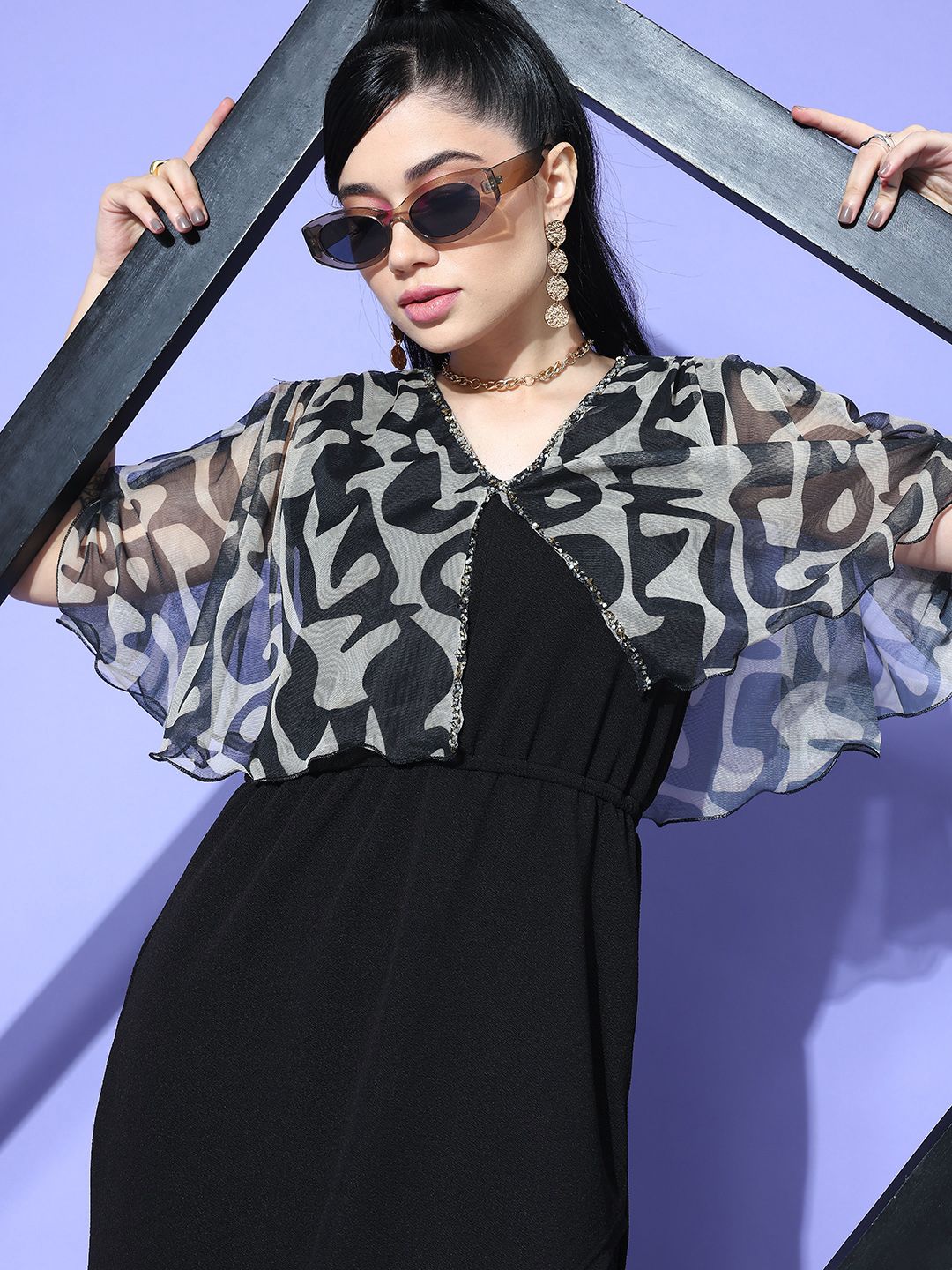 Antheaa Printed Flared Sleeve A-Line Midi Dress
