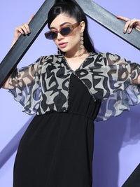 Antheaa Printed Flared Sleeve A-Line Midi Dress