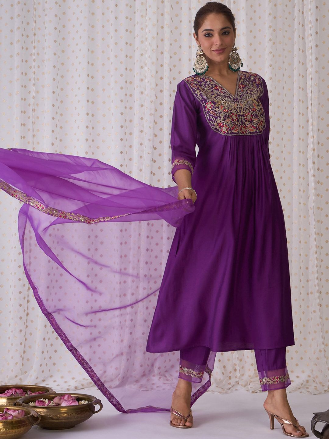 Indo Era Floral Embroidered V-Neck Liva Kurta with Trousers & Dupatta