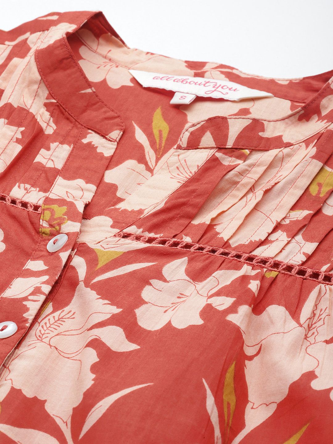 all about you Floral Print Mandarin Collar Puff Sleeves Pure Cotton Shirt Style Top
