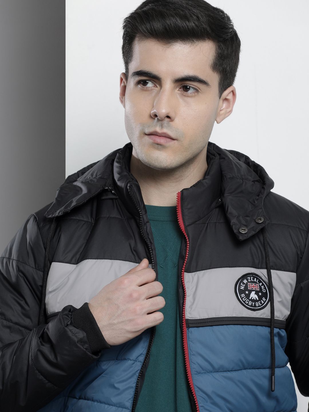 The Indian Garage Co Men Colourblock Puffer Jacket with Detachable Hood