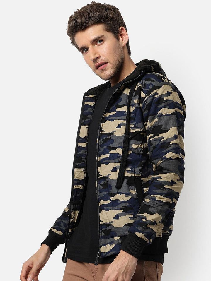 Campus Sutra Men Grey Beige Camouflage Windcheater Outdoor Cotton Tailored Jacket