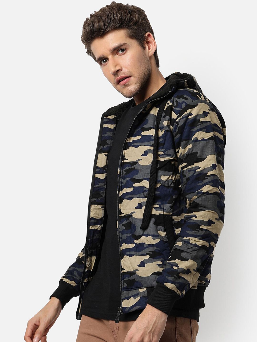 Campus Sutra Men Grey Beige Camouflage Windcheater Outdoor Cotton Tailored Jacket