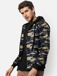 Campus Sutra Men Grey Beige Camouflage Windcheater Outdoor Cotton Tailored Jacket