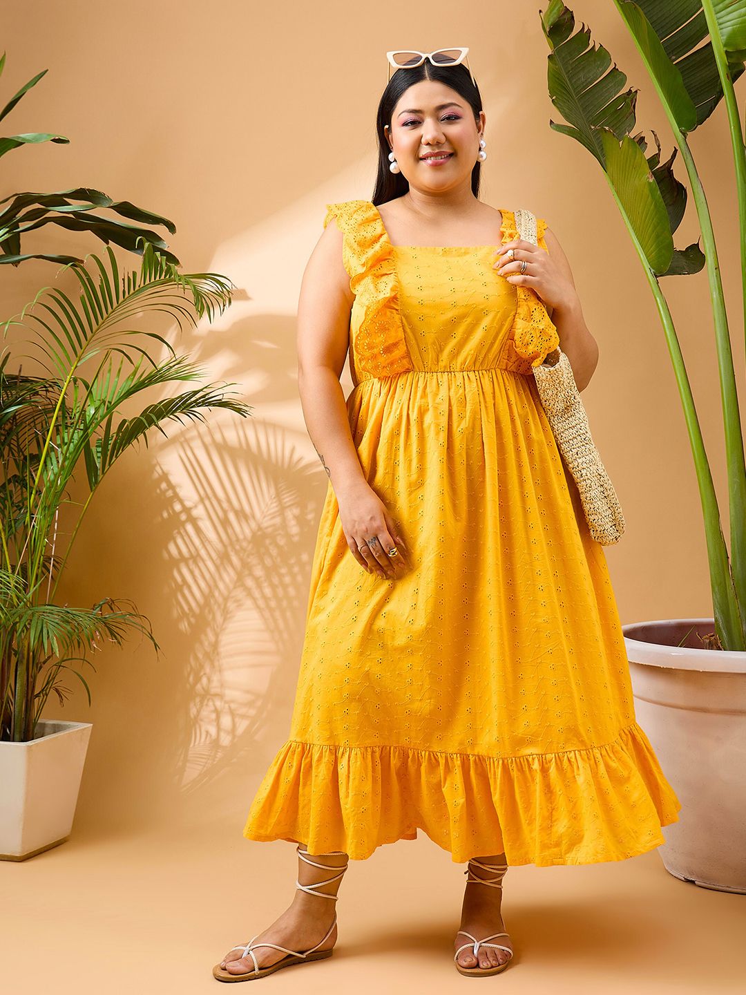 SASSAFRAS Curve Plus Size Fit & Flare Pure Cotton Midi Dress